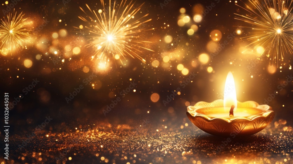 The golden Diya casts a soft warm light with its flame reflecting nearby sparkles and distant bursts from fireworks in the evening sky creating a vibrant atmosphere of joy and celebration The golden Diya casts a soft warm light with its flame reflecting nearby sparkles and distant bursts from fireworks in the evening sky creating a vibrant atmosphere of joy and celebration