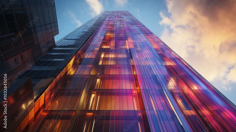 custom made wallpaper toronto digitalModern skyscraper with vibrant glass, sleek design, soft lighting.