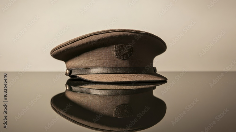 A military-style cap resting on a reflective surface, showcasing its design and texture. A military-style cap resting on a reflective surface, showcasing its design and texture.