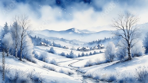Wallpaper Mural Watercolor scenic winter landscape with snowy mountains and cozy cottages in soft blue tones Torontodigital.ca