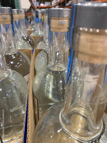 A detailed close-up shot of clear glass bottles, tightly arranged in cardboard packaging. The transparent bottles feature wooden cork stoppers sealed with a silver-colored foil.