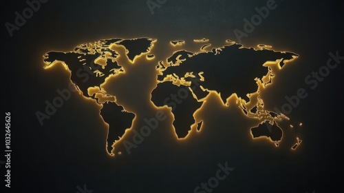 Fototapeta Naklejka Na Ścianę i Meble -  A dark wall-mounted glowing world map highlighting global business locations, modern.
