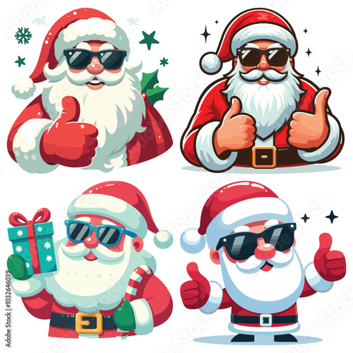 Cool Santa Claus in sunglasses with thumbs up on white background, holiday greeting card
