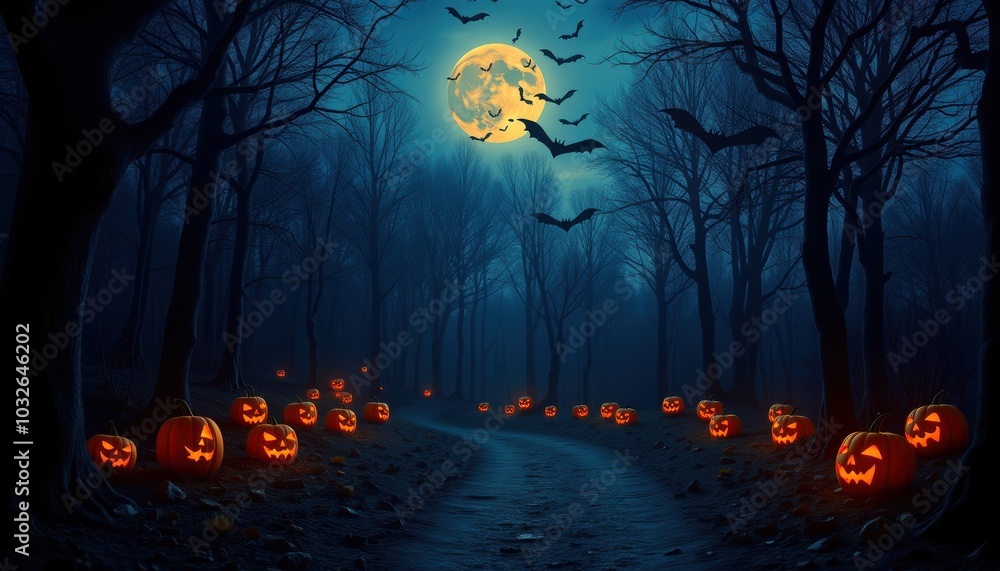 Spooky forest with glowing lanterns and bats in moonlit sky for Halloween branding or advertising Spooky forest with glowing lanterns and bats in moonlit sky for Halloween branding or advertising