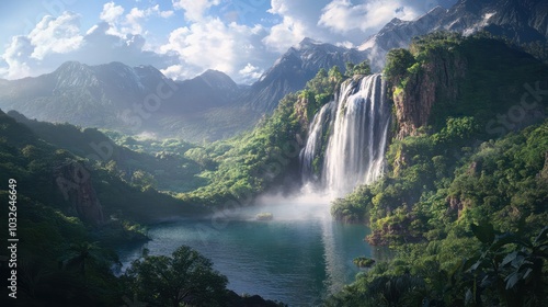 a fantastic waterfall in impressive green exotic nature with lake and mountains