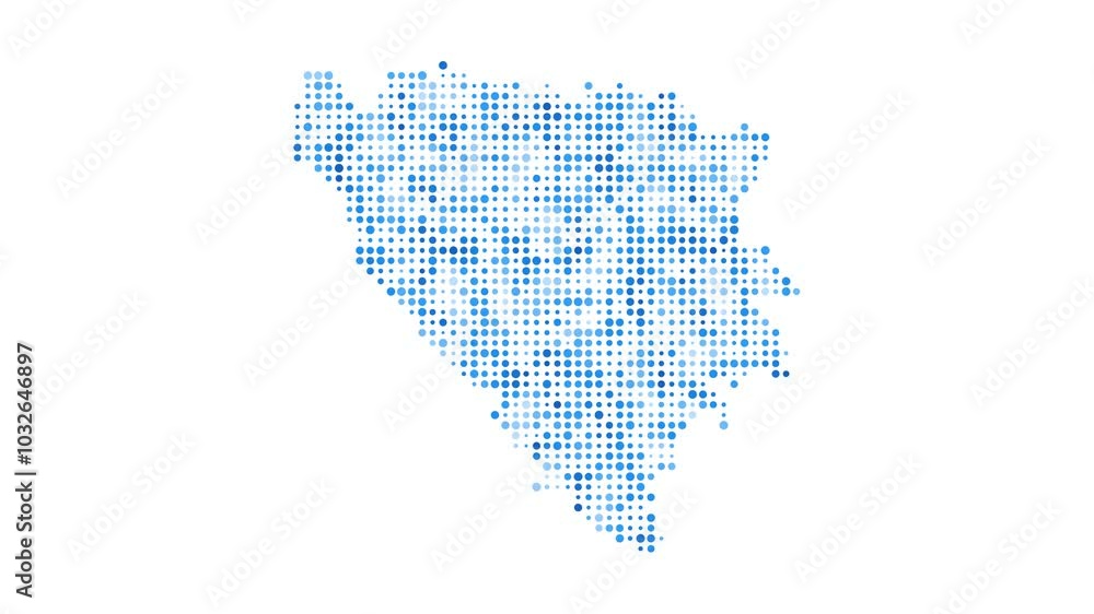 Bosnia dotted digital map. Map of Bosnia with pulsating colored circles. Shape of the country filled with blue disks. Artistic video. Bosnia dotted digital map. Map of Bosnia with pulsating colored circles. Shape of the country filled with blue disks. Artistic video.