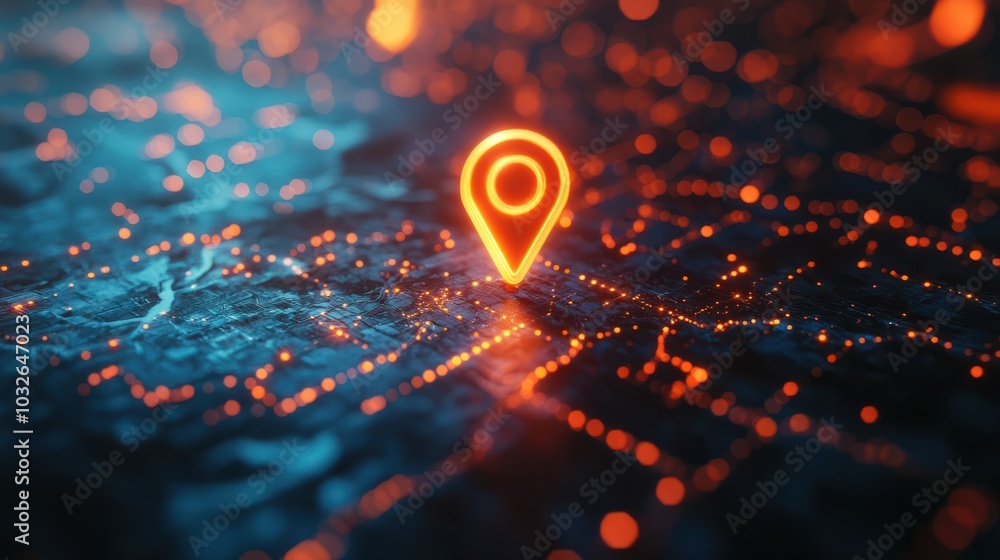A glowing location pin on a digital map. A glowing location pin on a digital map.