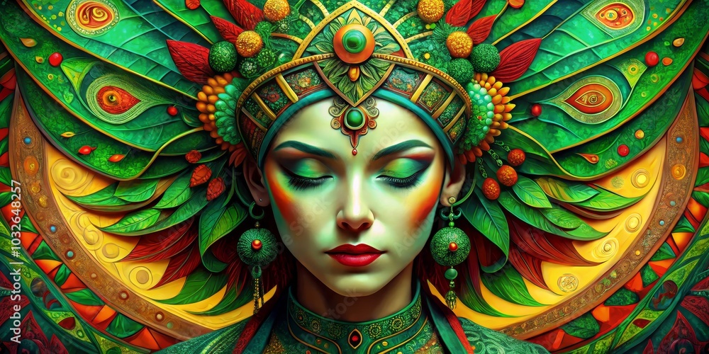 Abstract Portrait of a Woman in a Green and Gold Headpiece, digital art, surrealism, illustration ,portrait ,woman, green Abstract Portrait of a Woman in a Green and Gold Headpiece, digital art, surrealism, illustration ,portrait ,woman, green