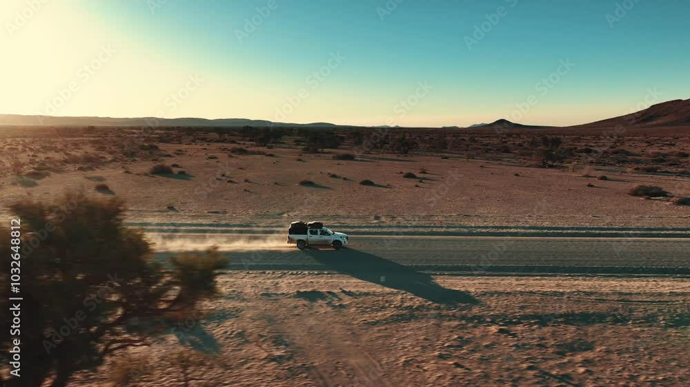 Aerial drone film of a single white safari car, offroad vehicle driving on a narrow dirt or asphalt gravel road through desert landscape. Namibia, Africa Aerial drone film of a single white safari car, offroad vehicle driving on a narrow dirt or asphalt gravel road through desert landscape. Namibia, Africa