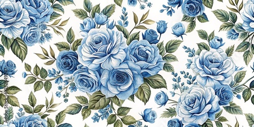 Blue Roses Watercolor Seamless Pattern, Floral Illustration, White Background, Vintage, Botanical, Roses, Flowers