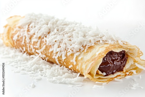 olled crepe filled with chocolate, topped with coconut flakes on a white background. photo