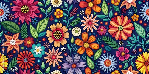 Colorful Floral Pattern with Dark Background, Seamless, Vector, Illustration, Digital Art, Flower Pattern, Floral Design