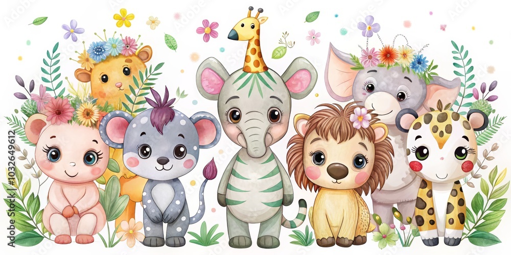 Naklejka premium Cute Watercolor Animals in a Floral Garden, Watercolor, Illustration , Animal, Nursery