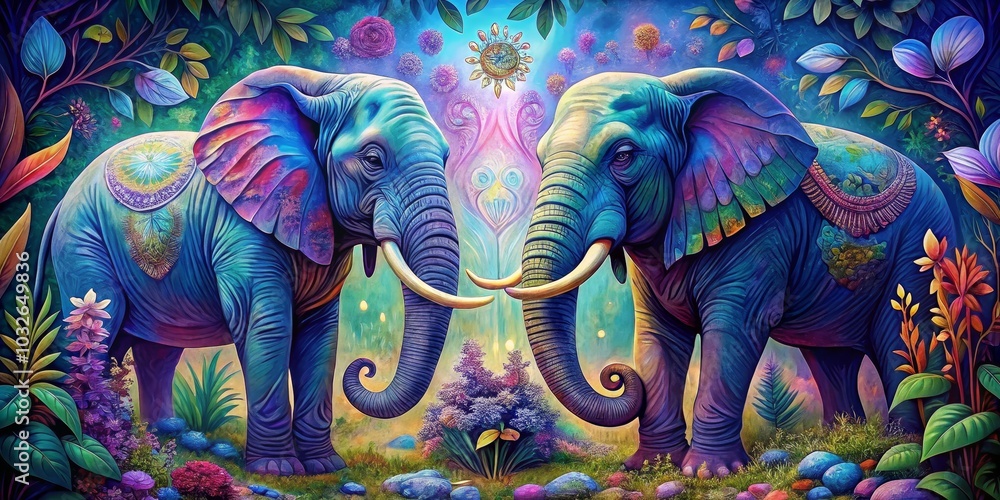 Fototapeta premium Dreamlike Encounter Two Elephants in a Colorful Floral Paradise, digital art, surrealism ,elephant art
