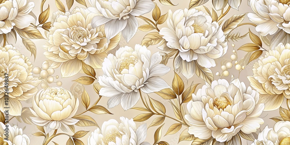 custom made wallpaper toronto digitalElegant White Peonies and Golden Foliage Seamless Pattern, Floral, Nature, ,