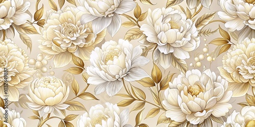 Wallpaper Mural Elegant White Peonies and Golden Foliage Seamless Pattern, Floral, Nature, , Torontodigital.ca
