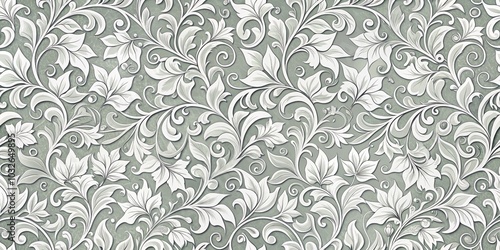 Elegant White Floral Pattern on Green Background, floral design, botanical print