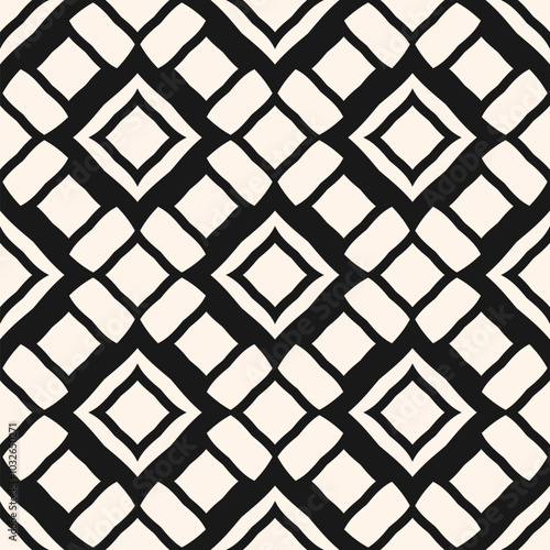 Abstract vector geometric seamless ornament in oriental style. Elegant white and black pattern with diamond shapes, grid, lattice, floral silhouettes. Abstract background texture. Simple repeat design