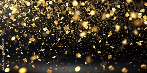 Golden Confetti Falling on Black Background, Celebration, Festive, Party, Gold ,Confetti