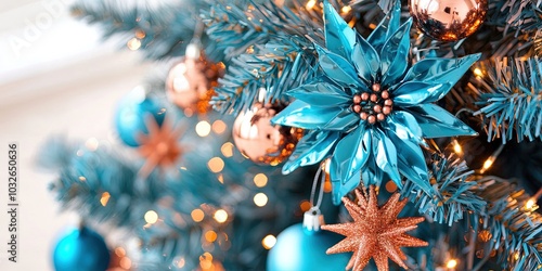 turquoise christmas tree, copper decorations photo