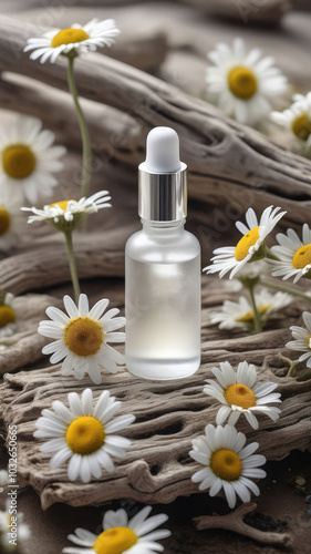 Mock up serum extract or any beauty product from natural ingredients standing on driftwood surrounded chamomile flowers.