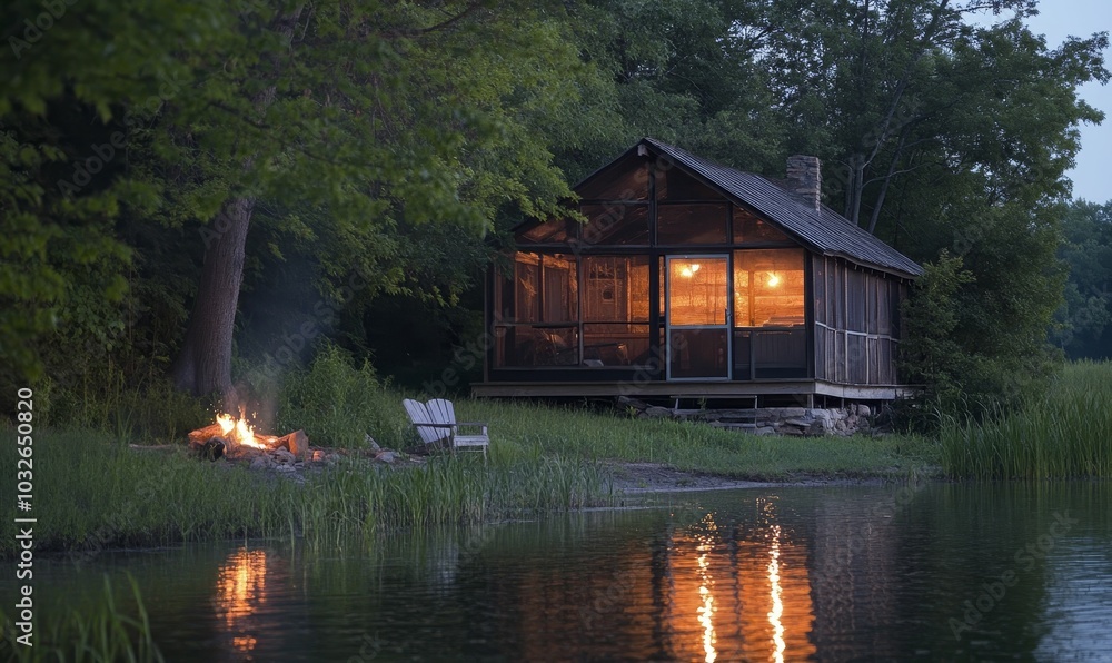 Fototapeta premium A lit cabin by a lake with a fire.