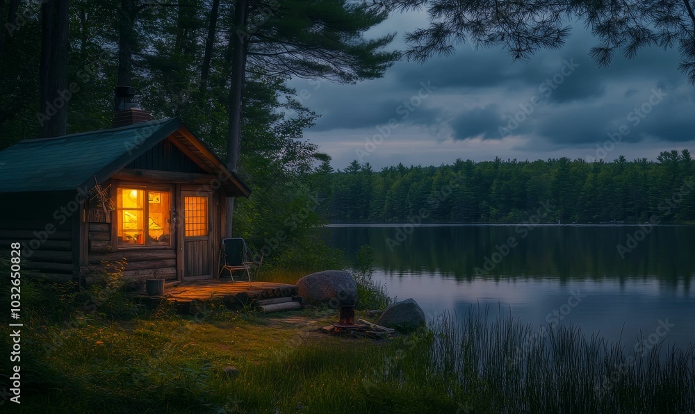 Cabin by lake at dusk with warm light. Cabin by lake at dusk with warm light.