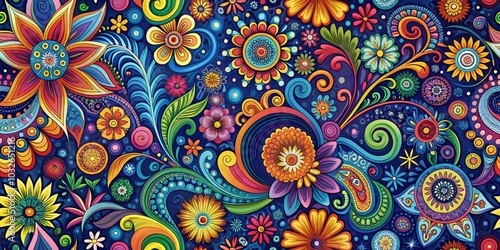 Psychedelic Floral Pattern - Colorful, Whimsical, Digital Art, Seamless, Repeating, Illustration, Pattern