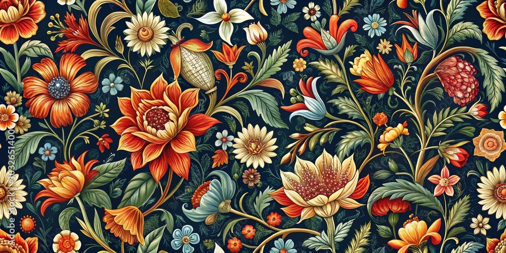 Seamless Floral Pattern with Vibrant Red and Yellow Flowers on Dark Background, botanical , floral pattern Seamless Floral Pattern with Vibrant Red and Yellow Flowers on Dark Background, botanical , floral pattern