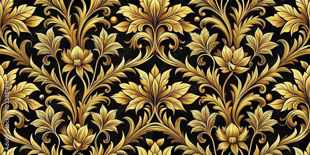 Seamless Gold Floral Pattern on Black Background, gold , floral pattern Seamless Gold Floral Pattern on Black Background, gold , floral pattern