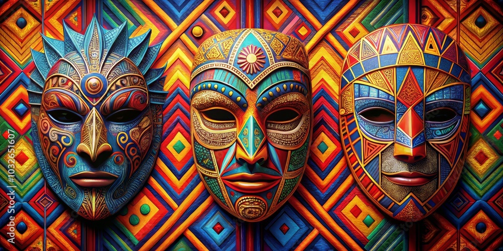 Three Colorful Masks on a Geometric Background, African Art, Traditional Masks Three Colorful Masks on a Geometric Background, African Art, Traditional Masks