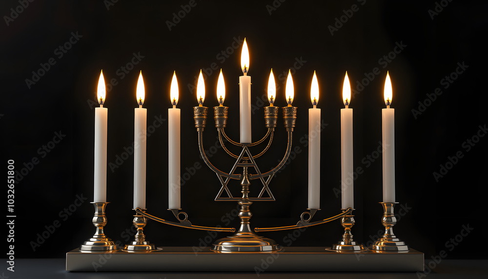 Image of jewish holiday Hanukkah with menorah (traditional candelabra) and candles isolated with white highlights, png Image of jewish holiday Hanukkah with menorah (traditional candelabra) and candles isolated with white highlights, png