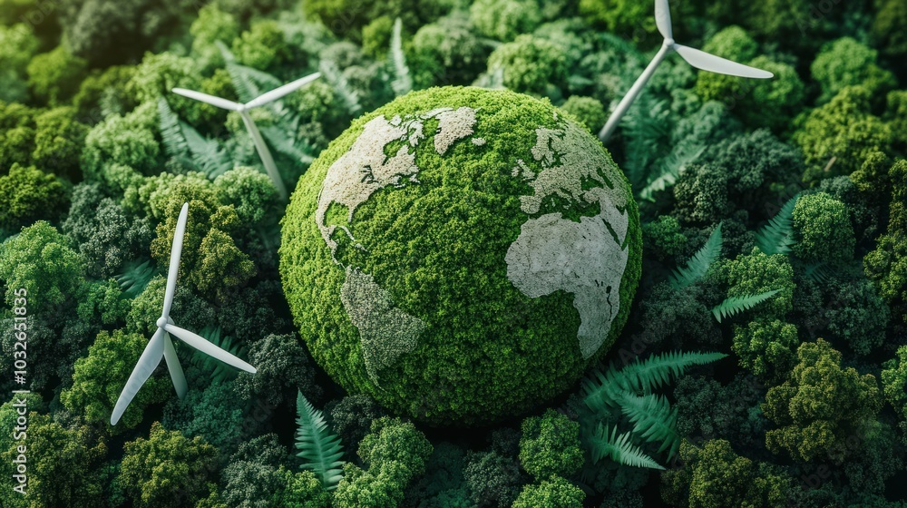 A green globe surrounded by trees and wind turbines, symbolizing environmental sustainability. A green globe surrounded by trees and wind turbines, symbolizing environmental sustainability.