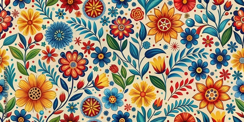 Vibrant Floral Pattern with Sunflowers, Blue and Red Flowers, Seamless Design, Digital Art, Flowers, Pattern