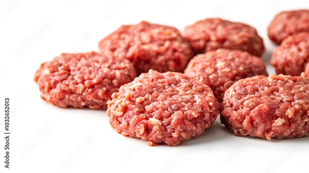 Realistic spread of uncooked ground beef formed into burger patties on a white background, highlighting the rich red color and coarse texture with fine details Realistic spread of uncooked ground beef formed into burger patties on a white background, highlighting the rich red color and coarse texture with fine details