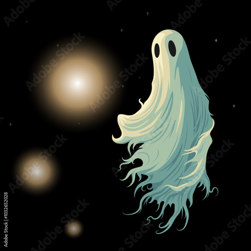 Spooky ghost floating through space, highlighted by glowing orbs in a dark sky. Isolated vector illustration, minimalist and eerie, suitable for Halloween, paranormal themes, or supernatural artwork.