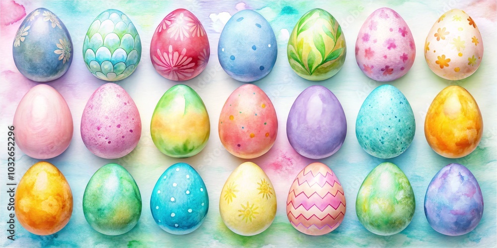Watercolor Easter Eggs on a Pastel Background, Easter, spring Watercolor Easter Eggs on a Pastel Background, Easter, spring
