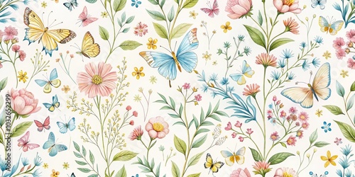 Watercolor Floral and Butterfly Seamless Pattern, Floral Pattern , Butterfly Pattern