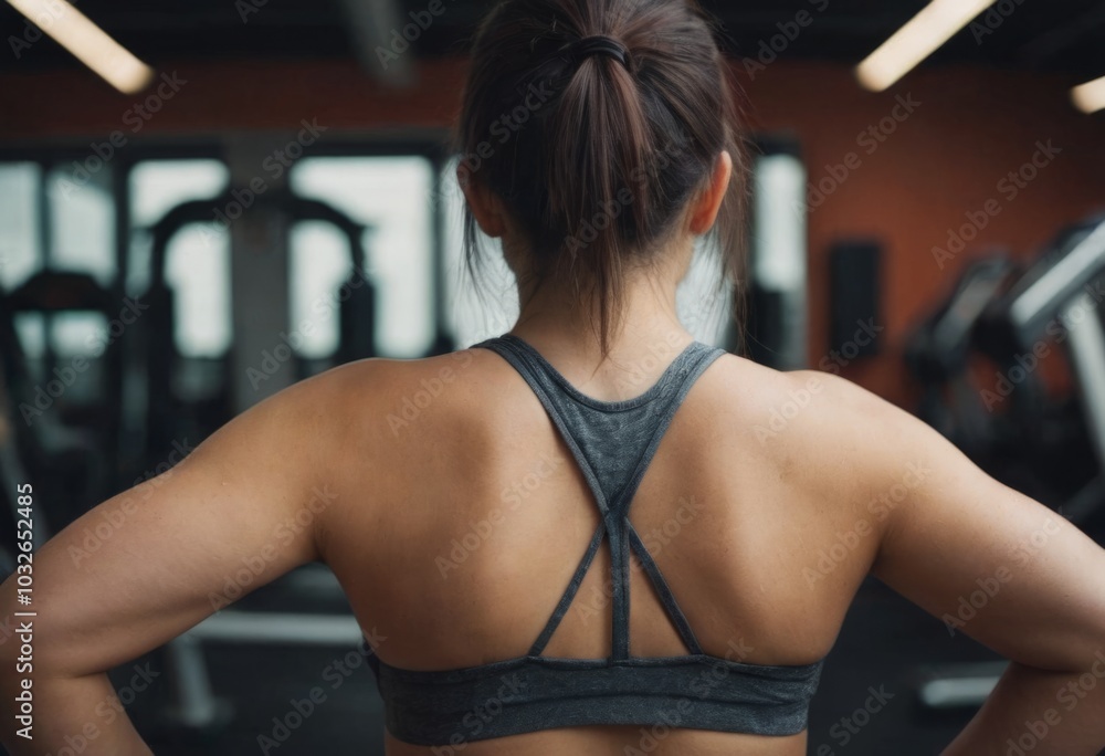 Back view of a young woman in sportswear working out in a gym Back view of a young woman in sportswear working out in a gym