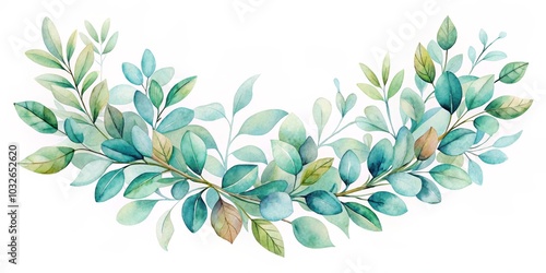 Watercolor Green Leaves Branch Border, botanical, greenery ,