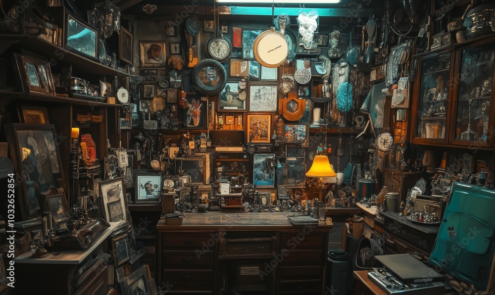 An antique-filled room with a clock and a rug. An antique-filled room with a clock and a rug.