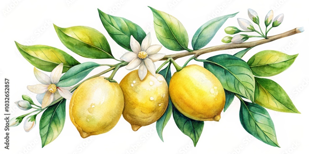 Watercolor Lemon Branch with Flowers and Leaves, Citrus, Lemon tree Watercolor Lemon Branch with Flowers and Leaves, Citrus, Lemon tree