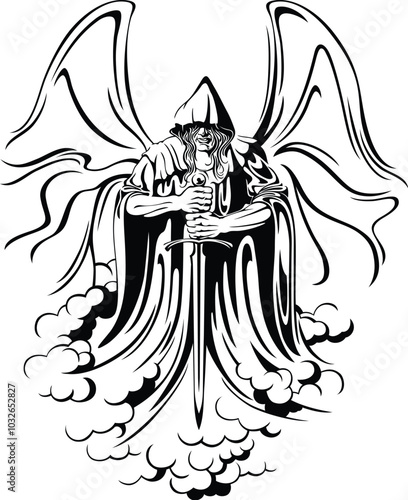 Angel. Scary angel with a sword and wings