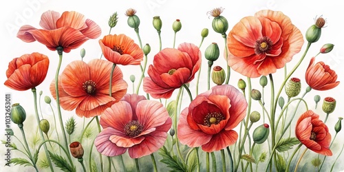 Wallpaper Mural Watercolor Painting of Red Poppies with Green Buds, Floral Art, Botanical Illustration, Poppy Flower, Flower Painting, Watercolor Flower, Red Flower Torontodigital.ca