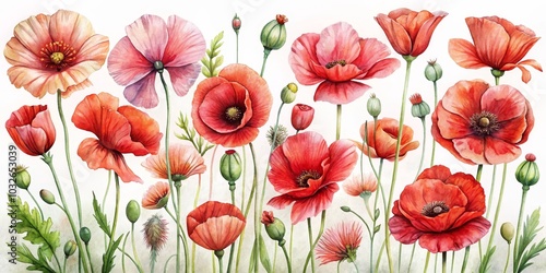 Watercolor Poppy Flower Illustration - Red Floral Arrangement, watercolor painting, poppy, flower, floral, botanical, nature