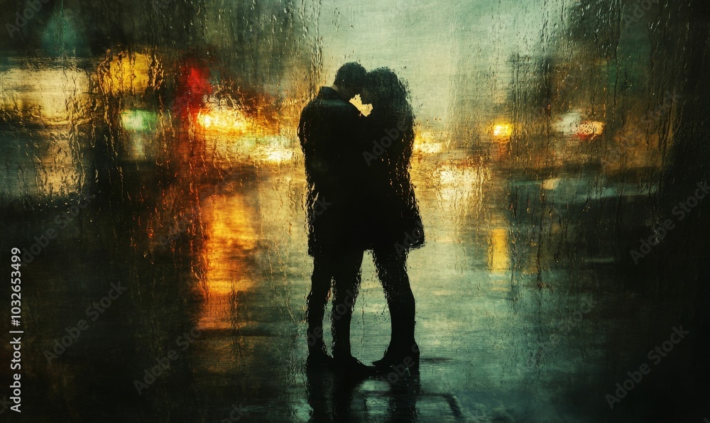 Silhouettes of couple embracing in rain. Silhouettes of couple embracing in rain.