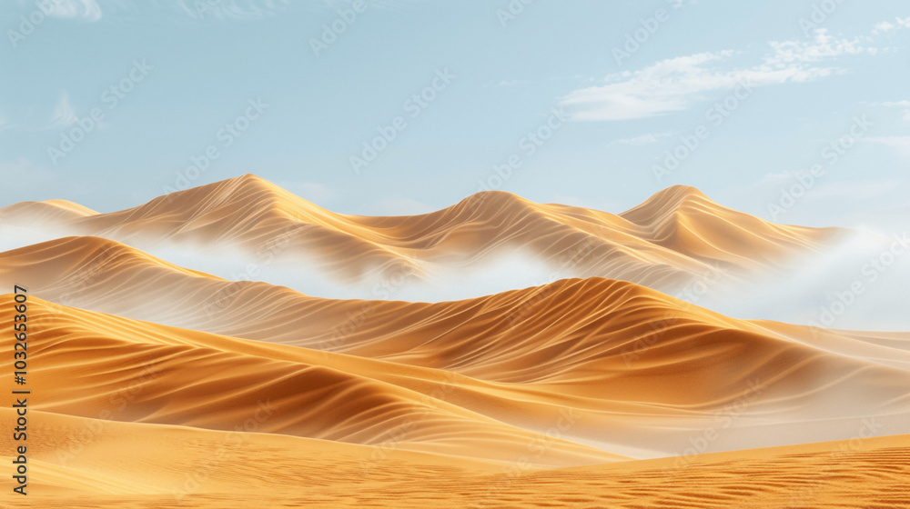 Rolling sand dunes in the desert with mist and soft sunlight Rolling sand dunes in the desert with mist and soft sunlight