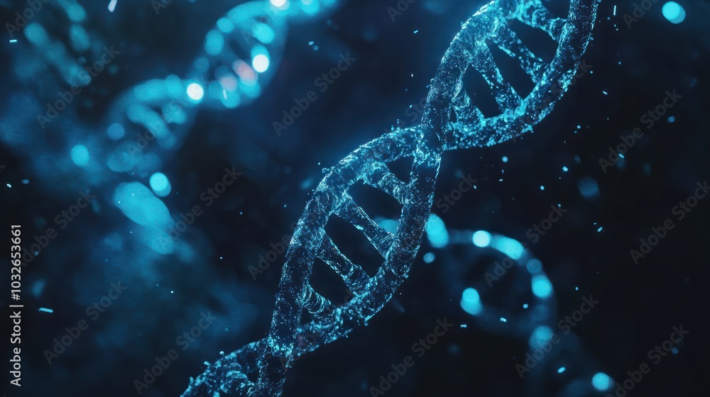 Blue luminous DNA strand set against a dark backdrop symbolizing the mysteries and potential of genetic research Blue luminous DNA strand set against a dark backdrop symbolizing the mysteries and potential of genetic research