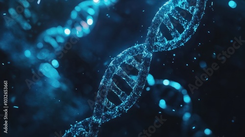 Blue luminous DNA strand set against a dark backdrop symbolizing the mysteries and potential of genetic research