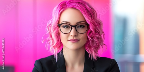 professional female executive with pink hair, modern office background  photo